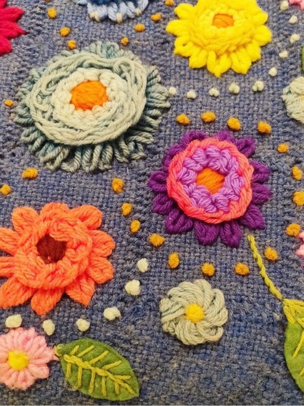 Vintage Wool Crewel Embroidered Pillow MOD Funky Flower Print Handmade 3D